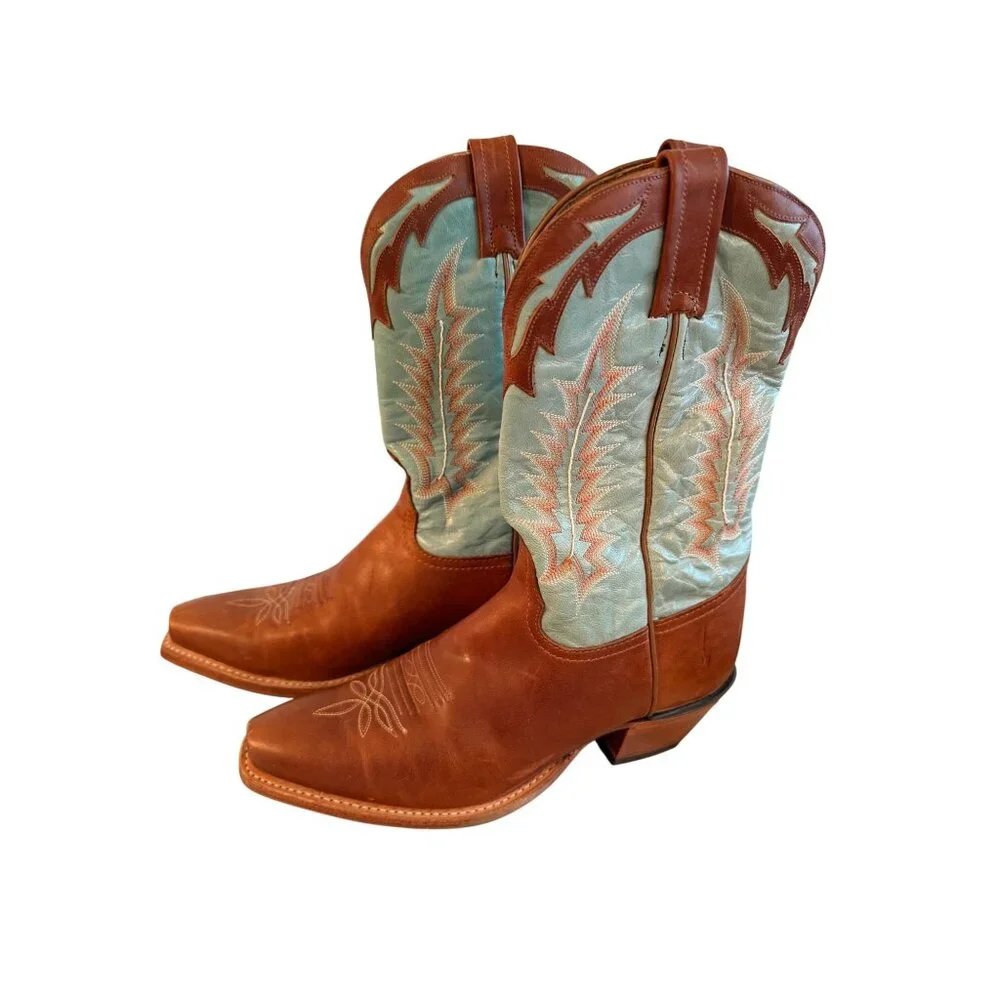 Tony Lama Womens Boots Size 8 B Brown Turquoise Cowgirl Embroidered USA Vintage - Picture 1 of 16